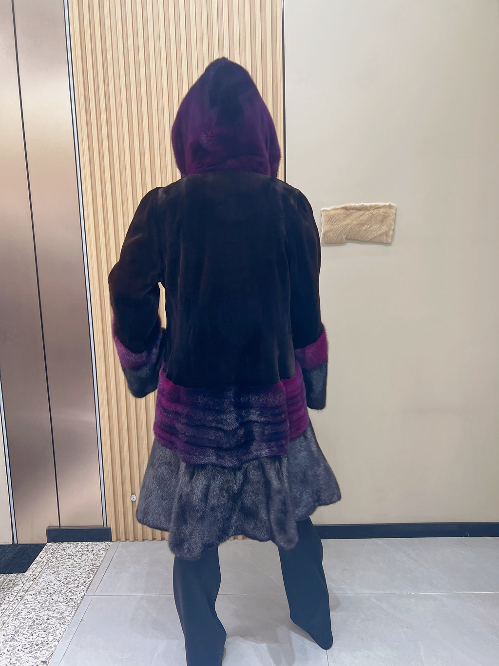 No. 360 Black-brown and pink color-block mink fur coat