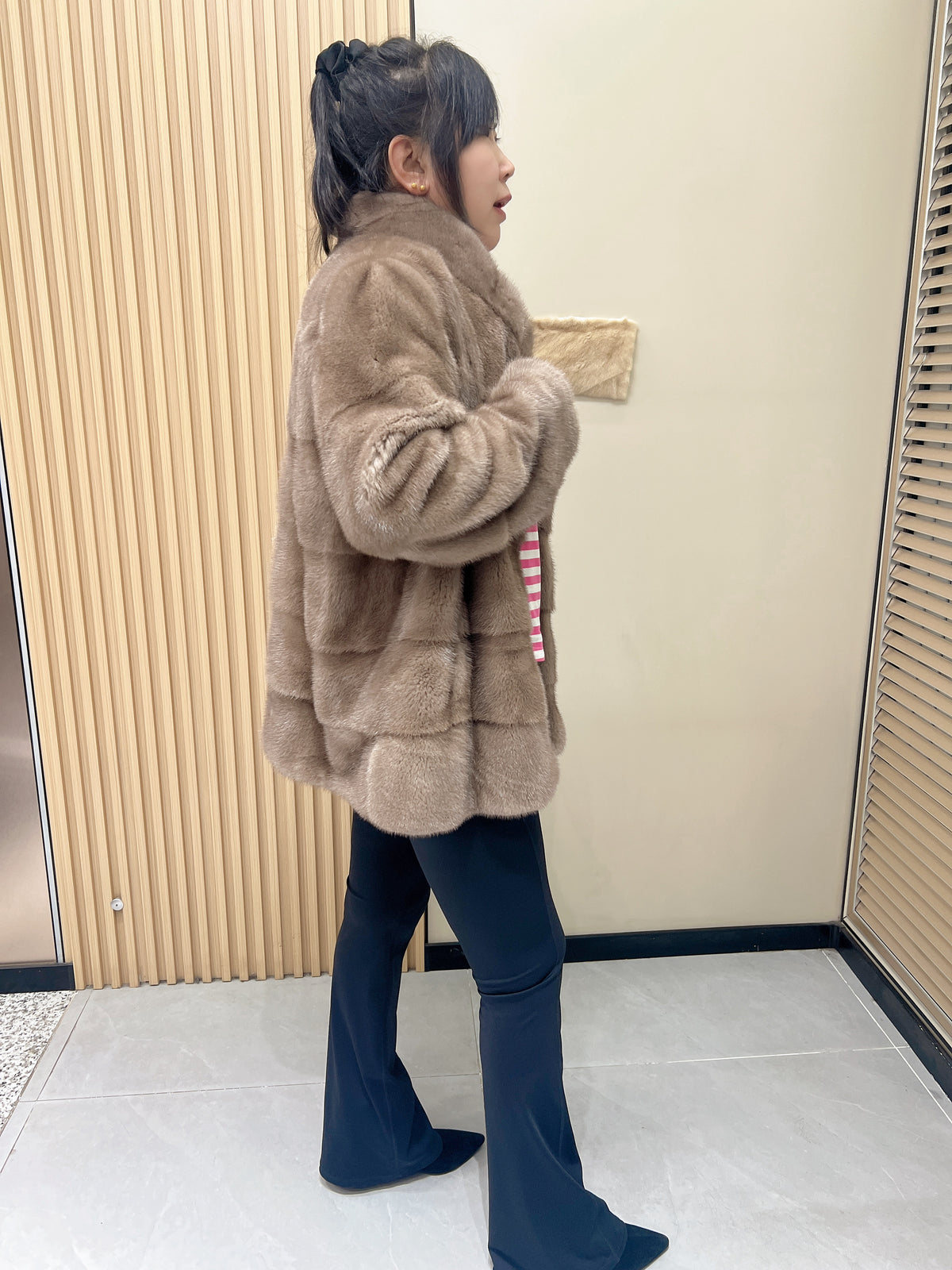 No. 361 Light Brown Stand-Collar Mink Fur Coat
