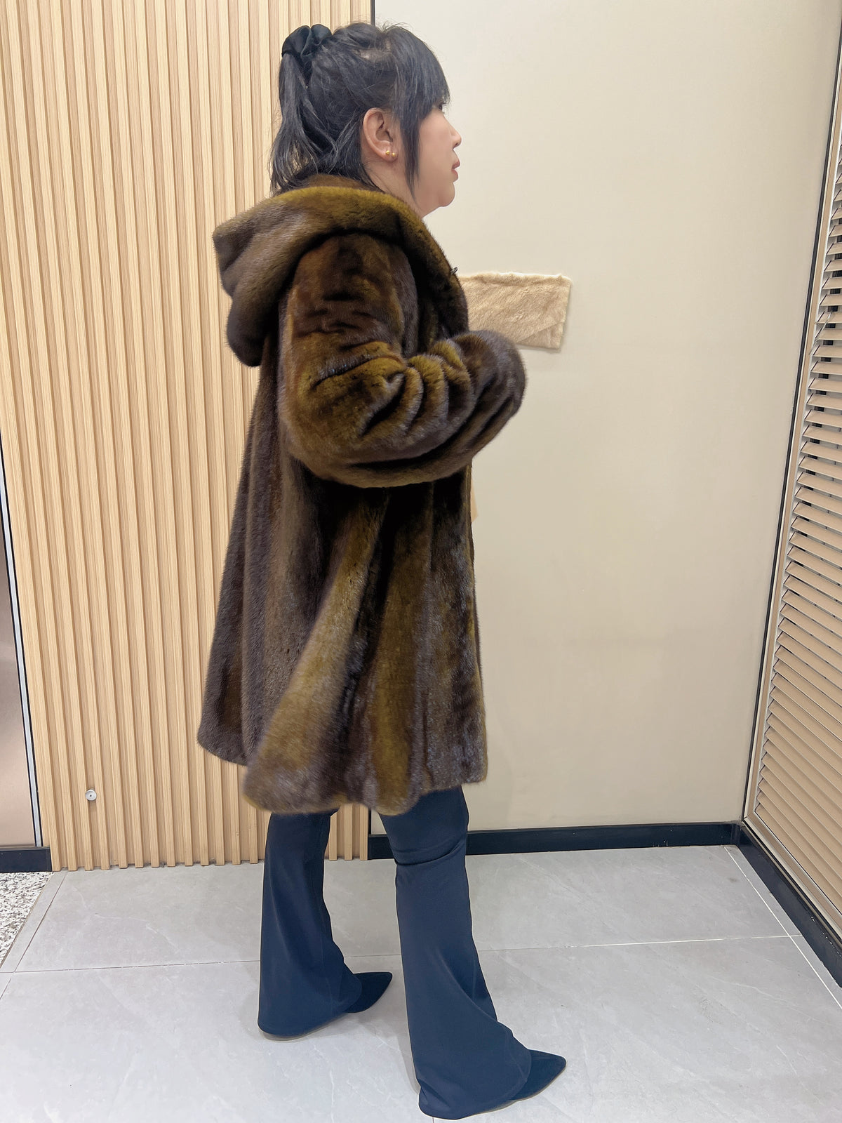 No. 349 Turquoise Hooded Mink Fur Coat