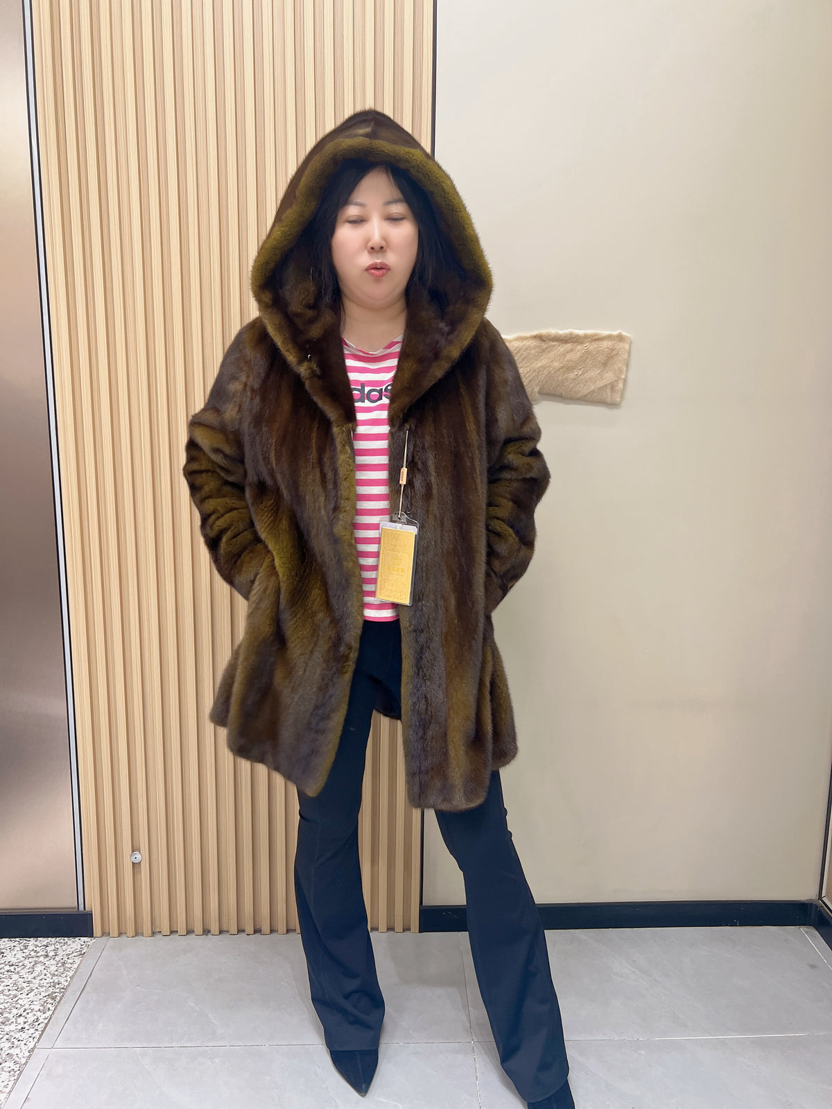No. 349 Turquoise Hooded Mink Fur Coat