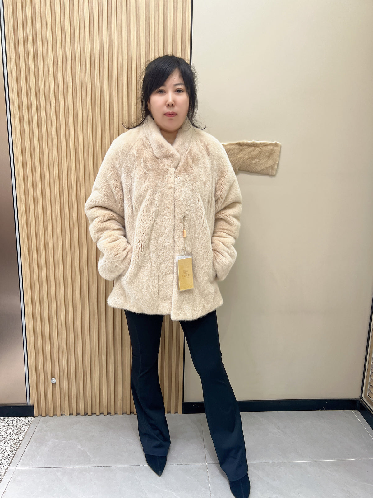 No. 341 Beige Stand-Collar Mink Fur Coat