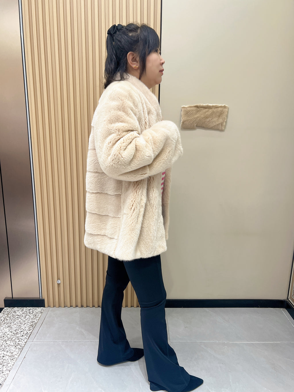 No. 341 Beige Stand-Collar Mink Fur Coat