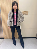 No. 342 Grey-Black Color-Block V-Neck Batwing-Sleeve Mink Fur Coat