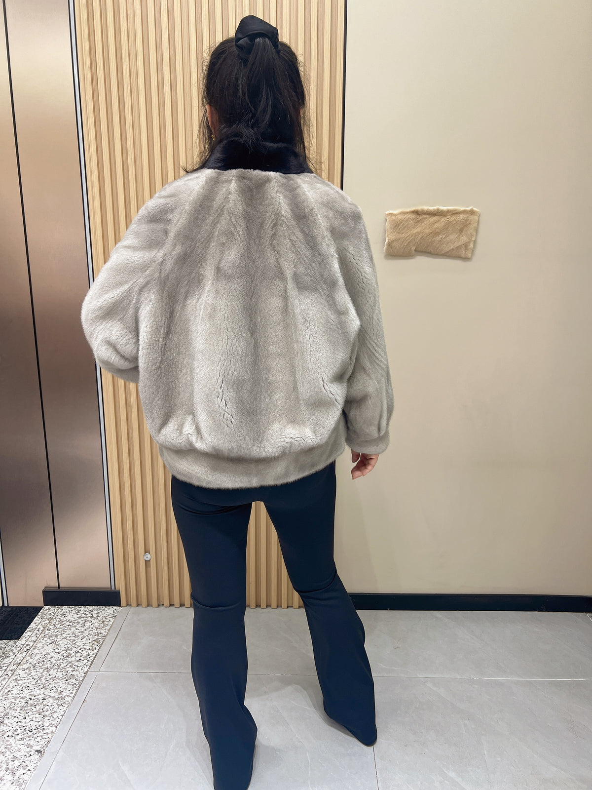 No. 342 Grey-Black Color-Block V-Neck Batwing-Sleeve Mink Fur Coat