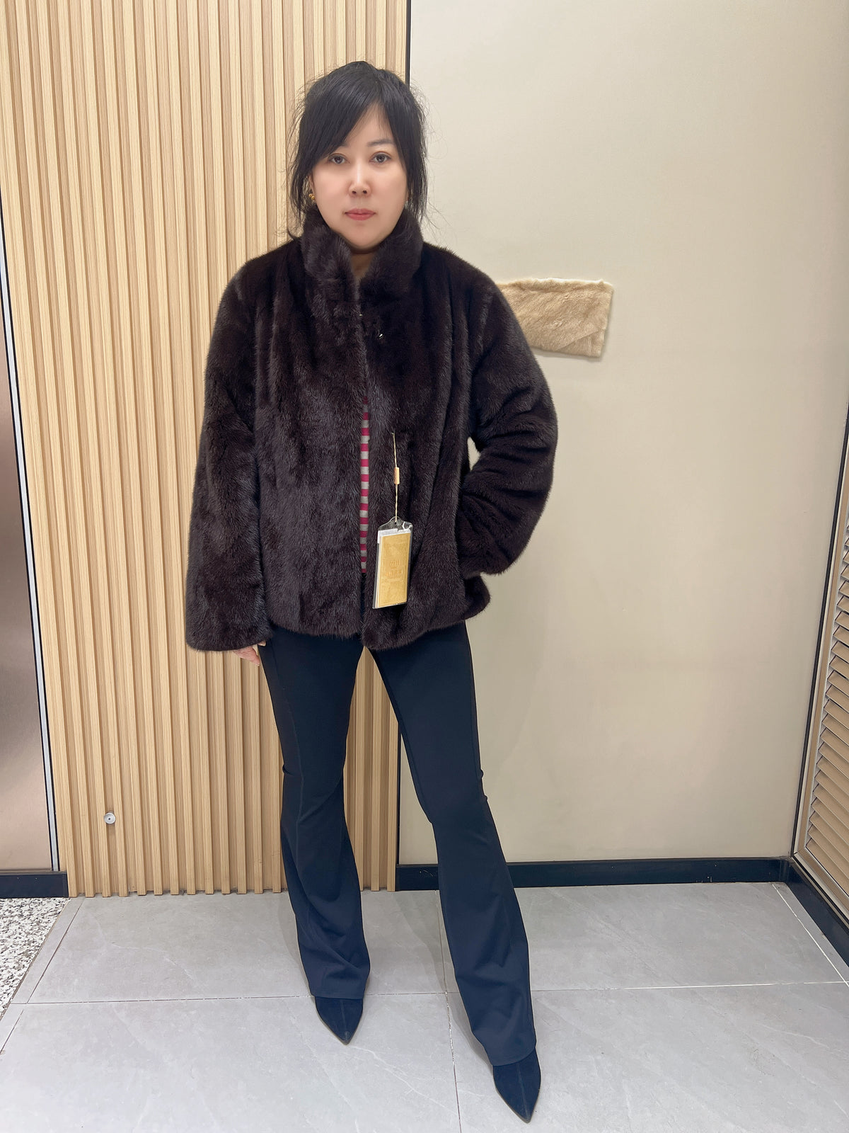 No. 355 Dark Brown Stand-Collar Mink Fur Coat