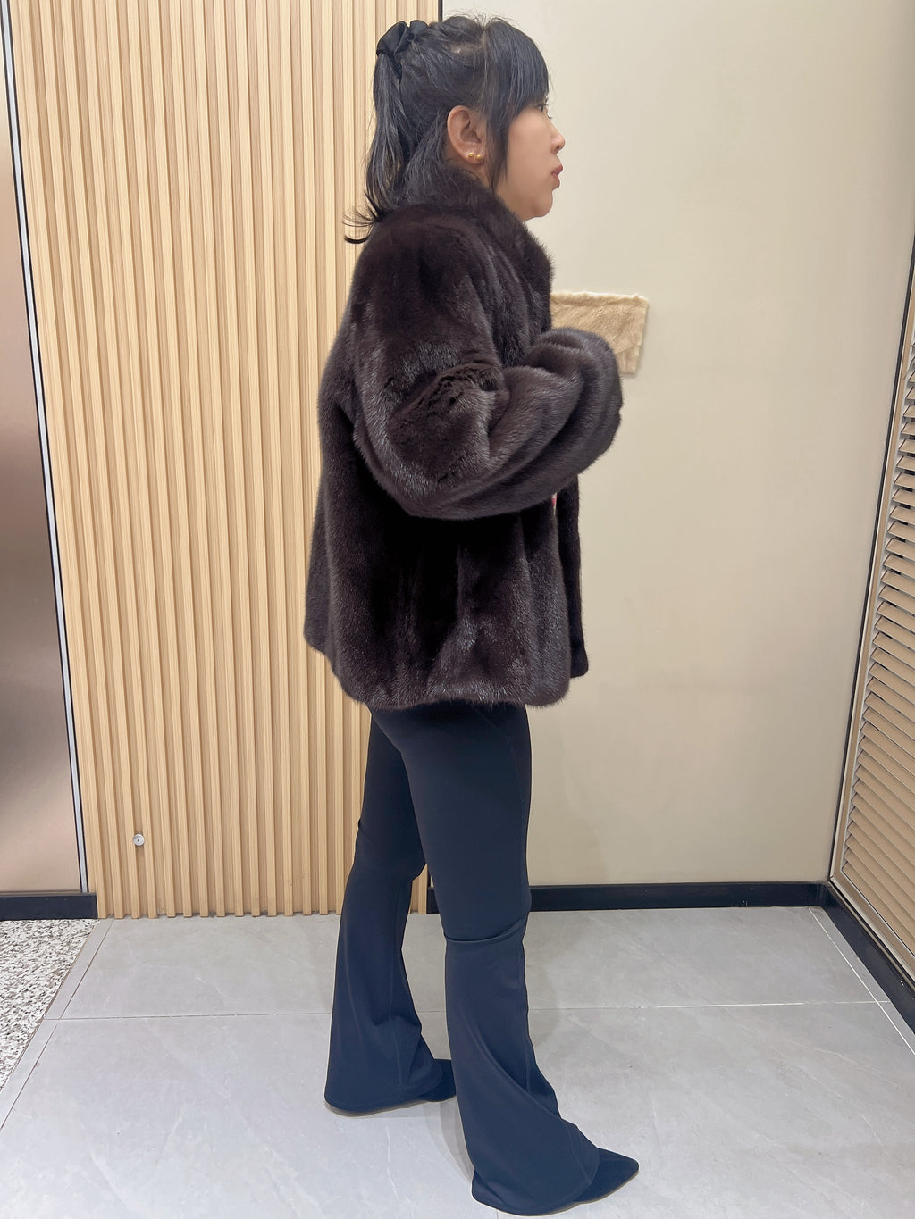 No. 355 Dark Brown Stand-Collar Mink Fur Coat
