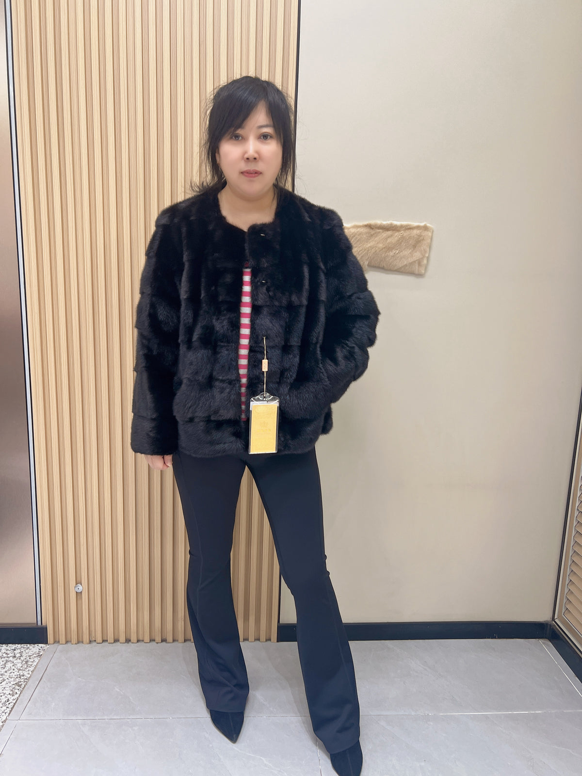 No. 354 Black Horizontal-Panel Mink Fur Coat with Leather Insets and Collarless Design