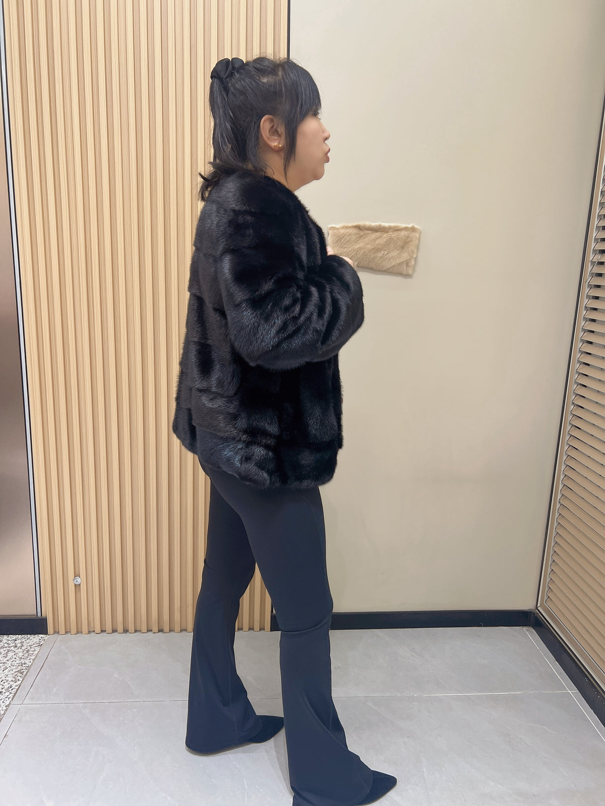 No. 354 Black Horizontal-Panel Mink Fur Coat with Leather Insets and Collarless Design