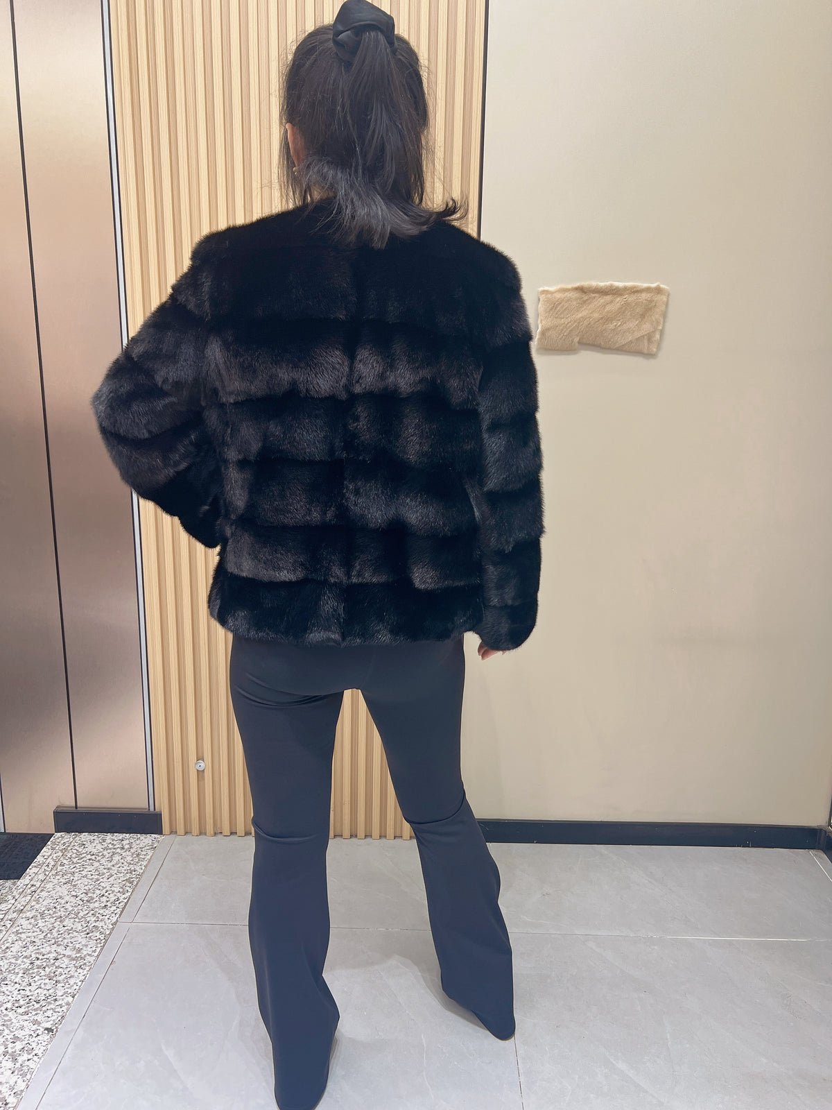 No. 354 Black Horizontal-Panel Mink Fur Coat with Leather Insets and Collarless Design