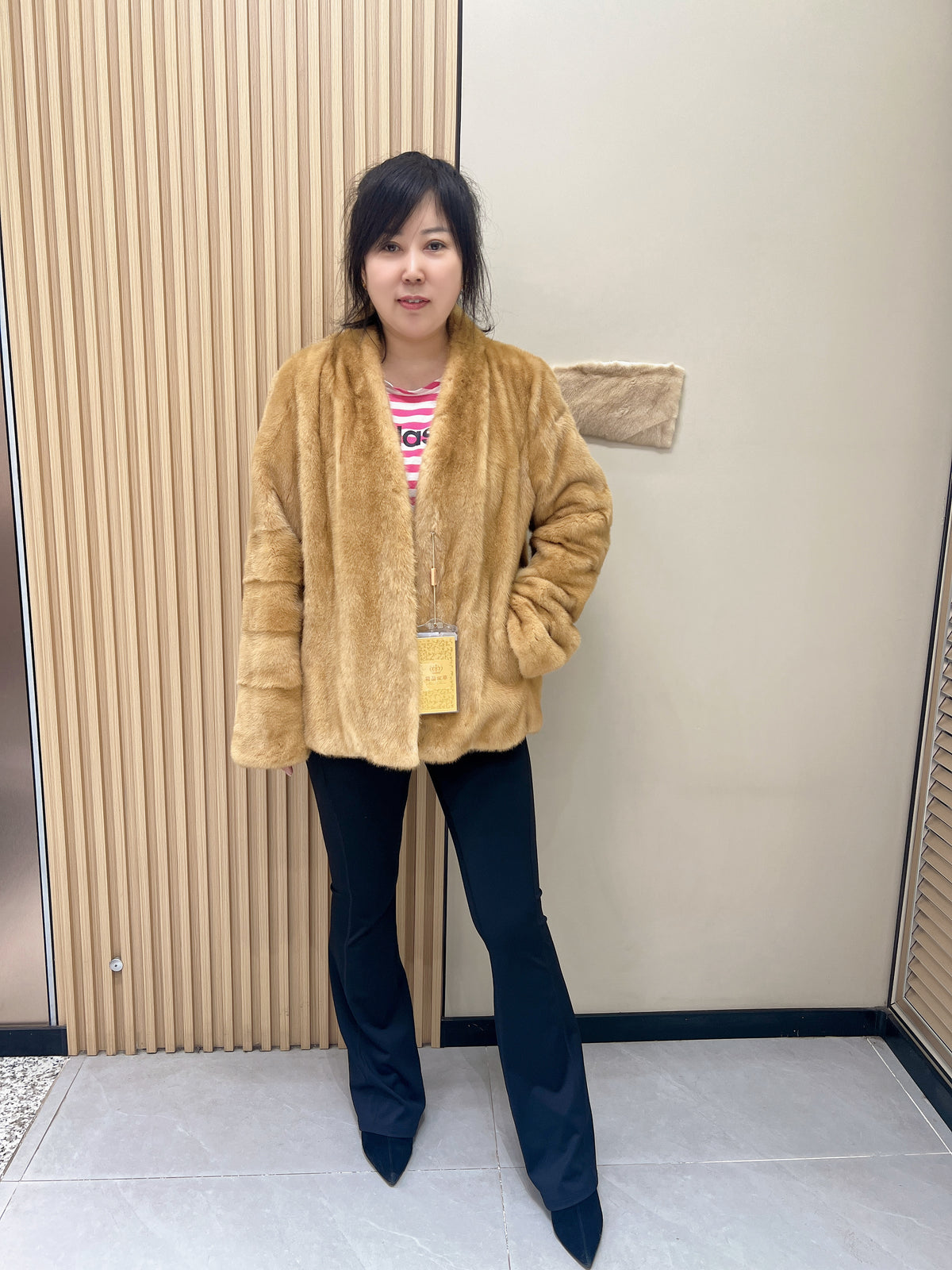 No. 350 Gold V-Neck Mink Fur Coat