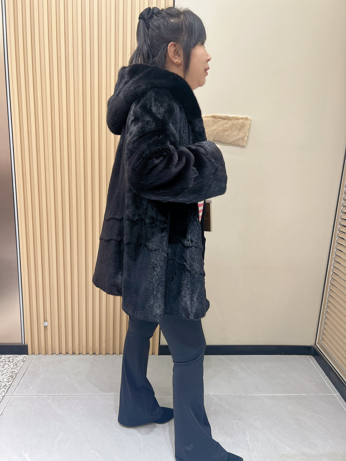 No. 352 Black Hooded Sheared Mink Fur Coat