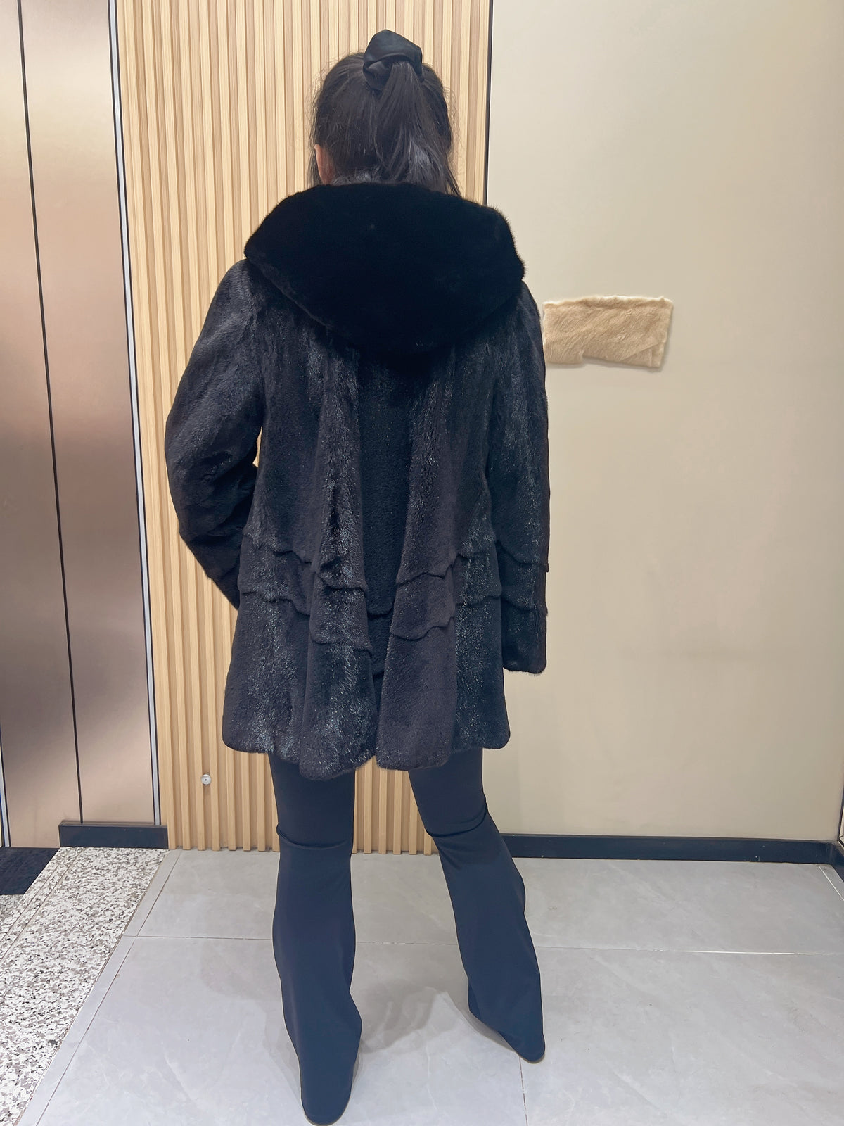 No. 352 Black Hooded Sheared Mink Fur Coat