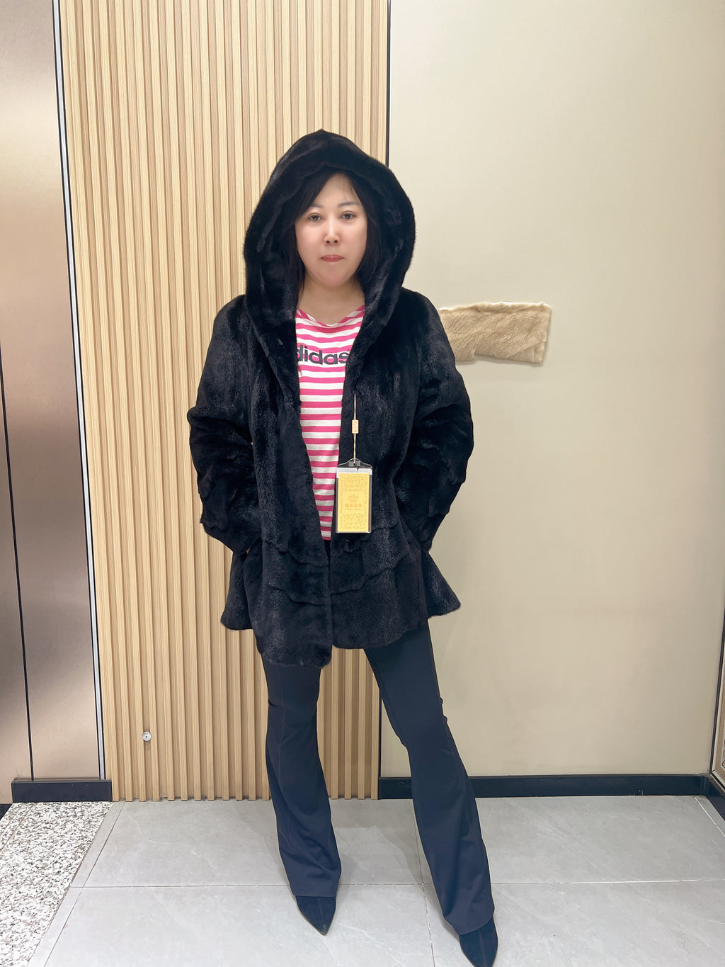 No. 352 Black Hooded Sheared Mink Fur Coat