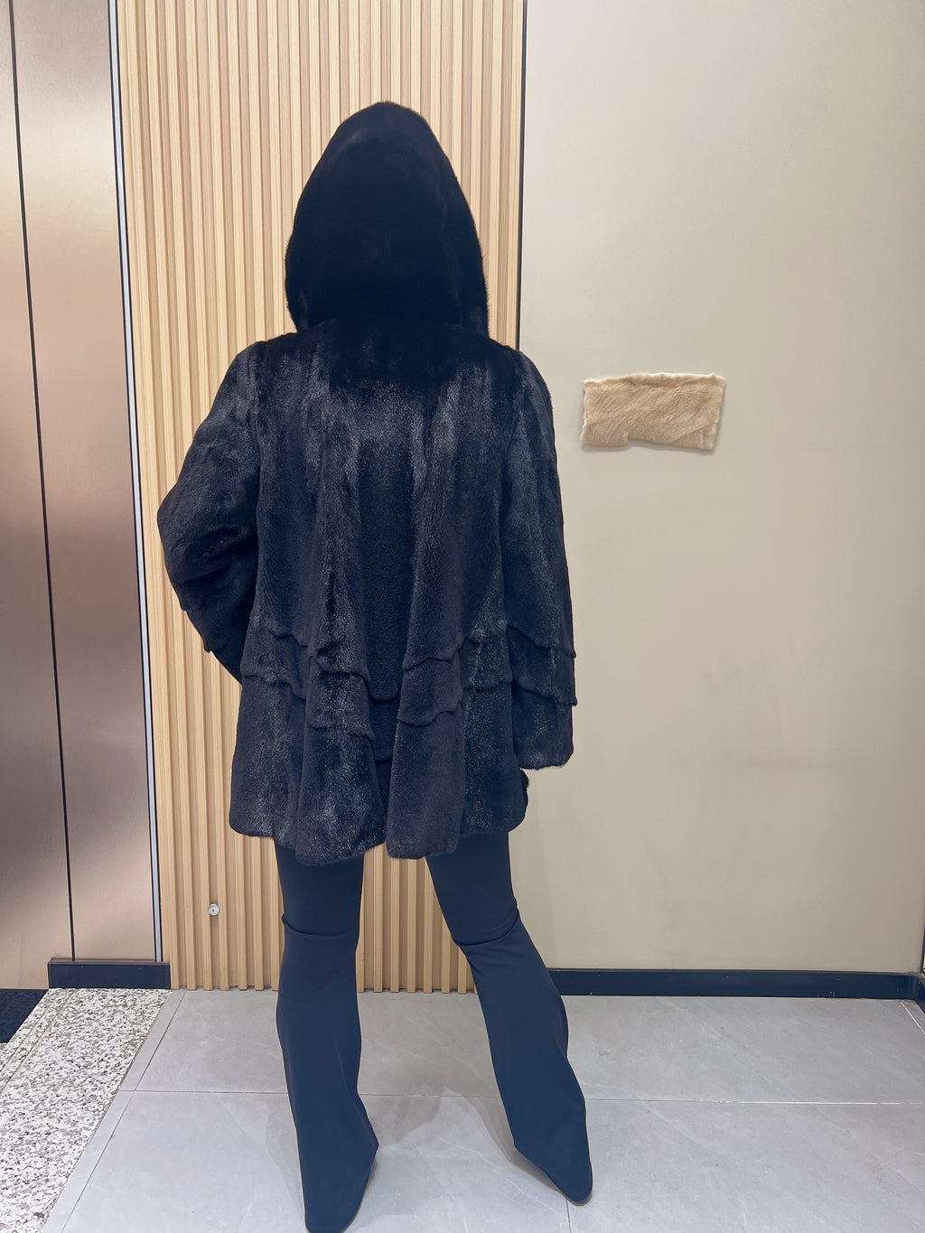 No. 352 Black Hooded Sheared Mink Fur Coat