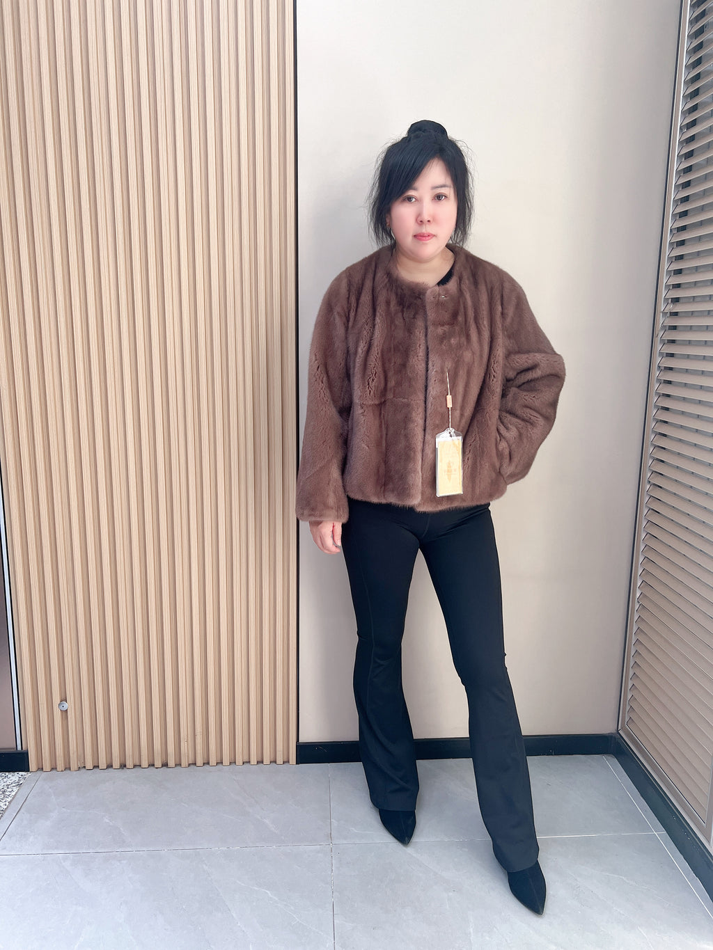No. 364 Light Brown Crew-Neck Mink Fur Coat