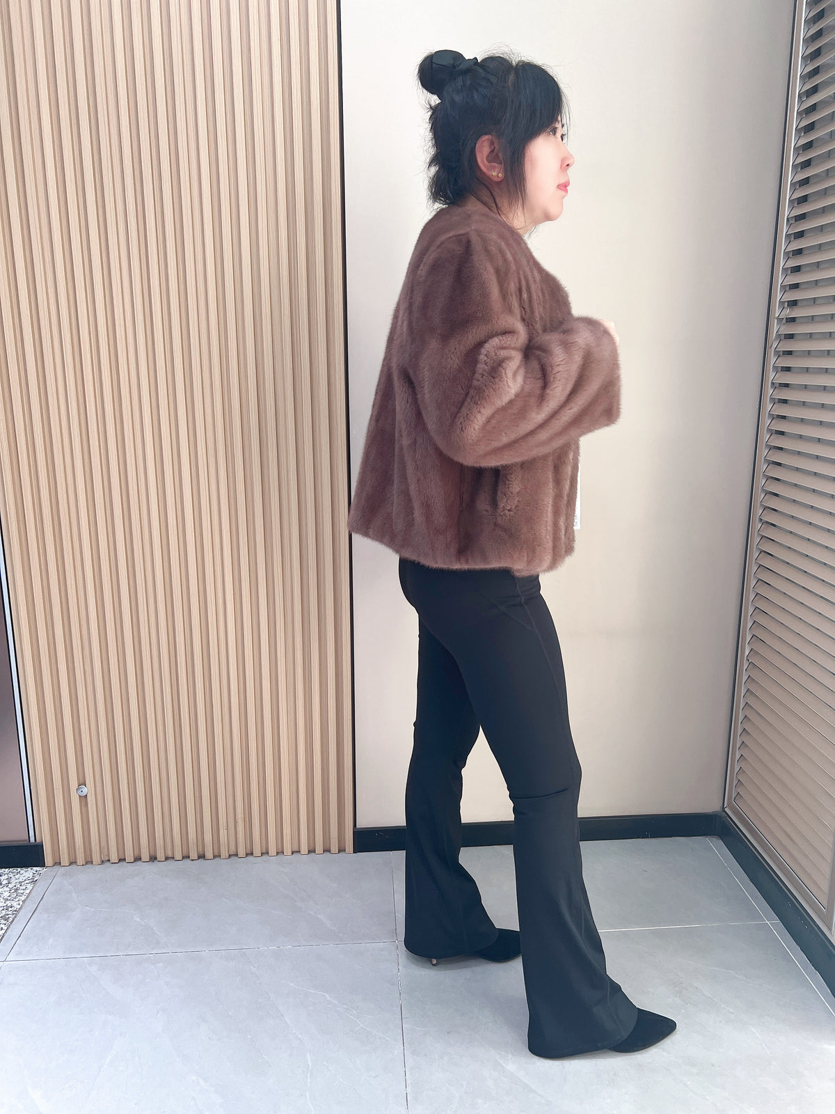 No. 364 Light Brown Crew-Neck Mink Fur Coat