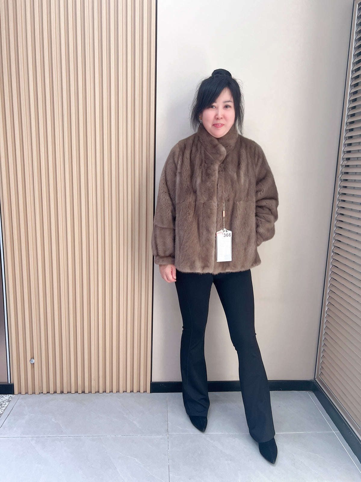 No. 366 Light Brown Stand-Collar Mink Fur Coat