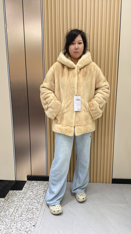 003 Beige-hooded velvet-finish mink coat.