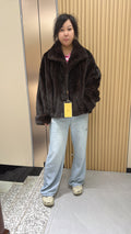 035 Brown mink fur coat featuring a lapel collar, batwing sleeves, and a turn-up cuff design.