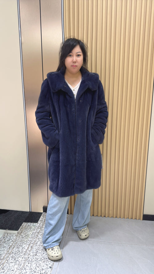 No. 007 Long, hooded dark blue velvet-finish mink coat