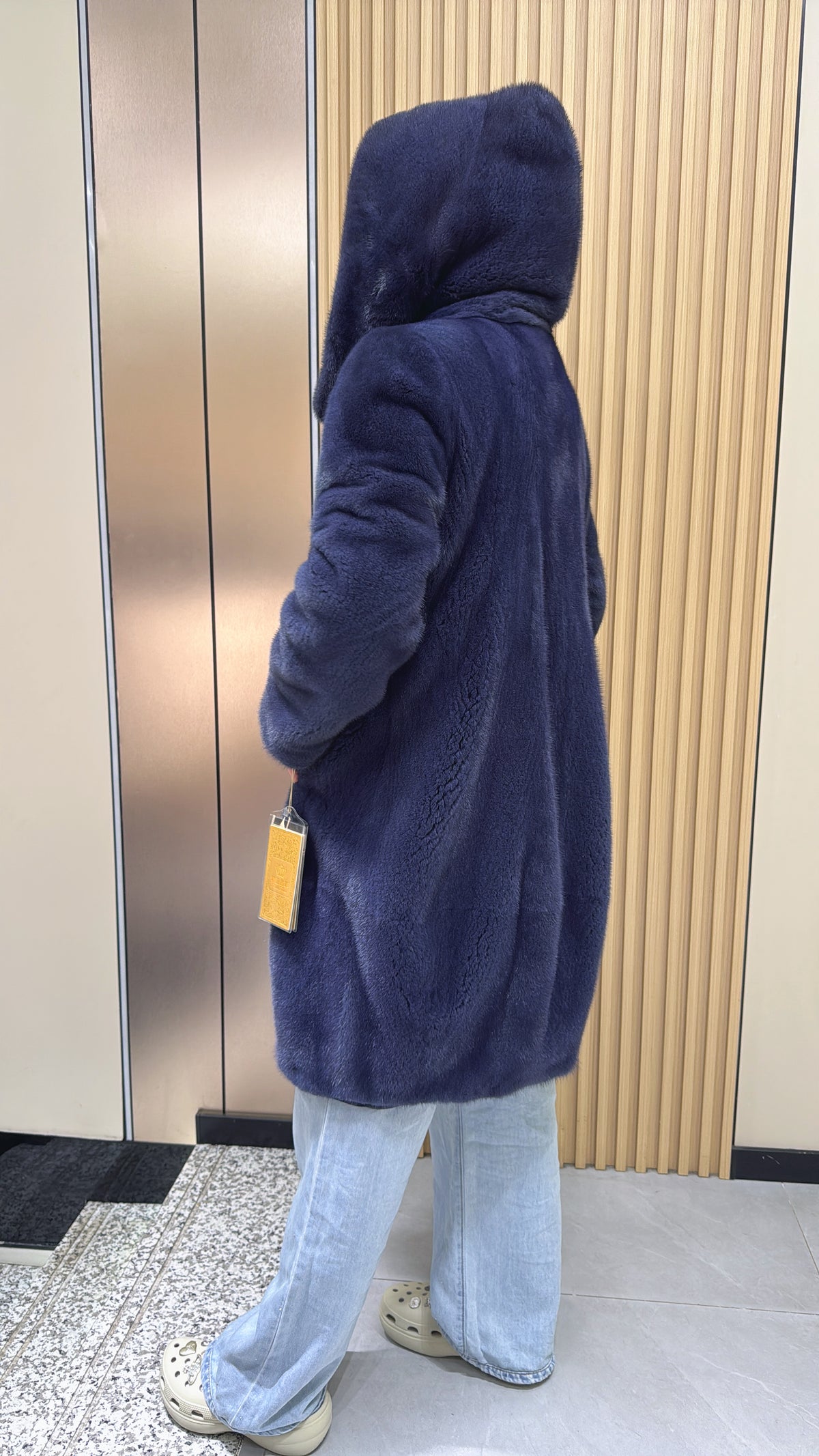 No. 007 Long, hooded dark blue velvet-finish mink coat
