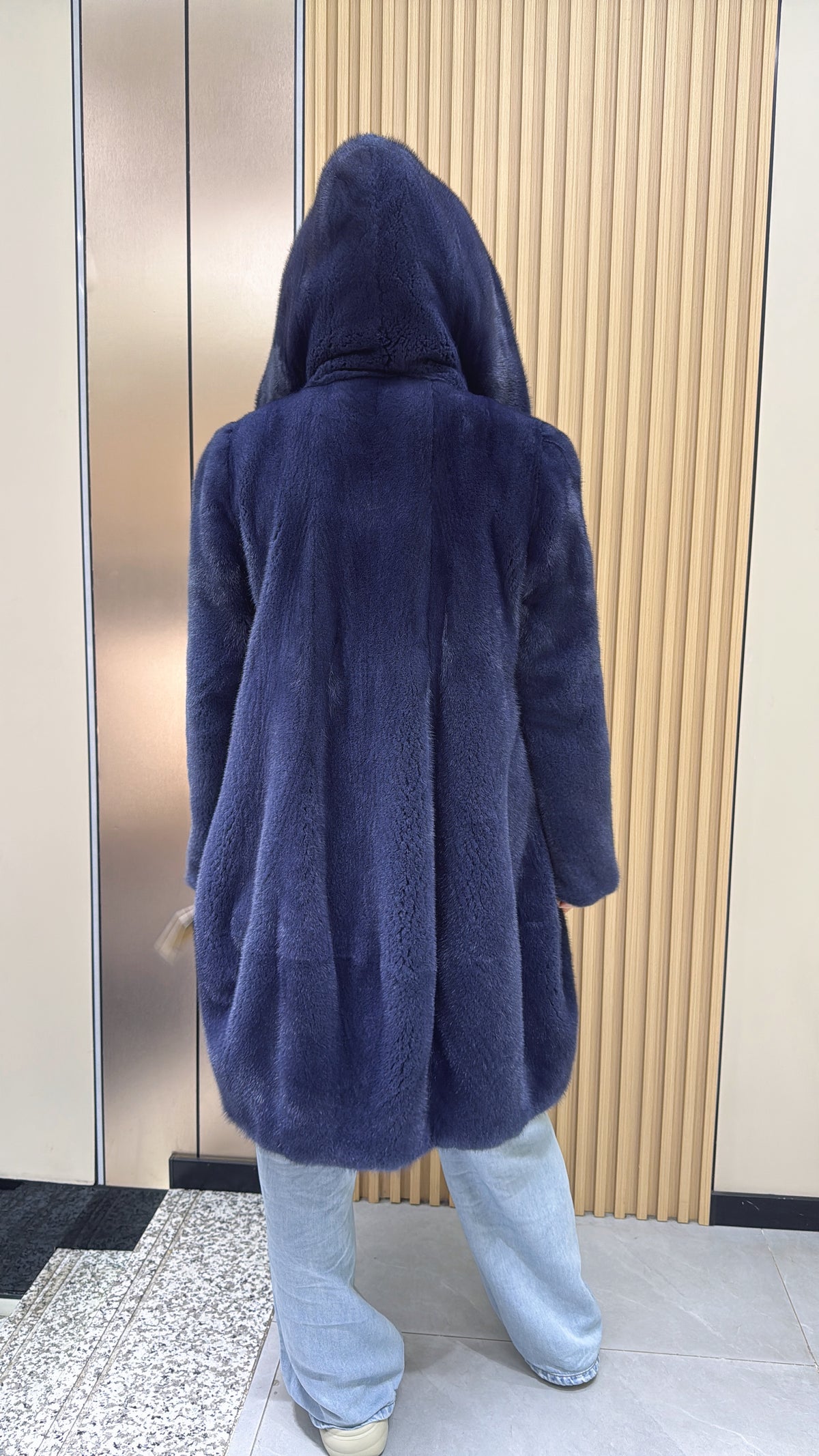 No. 007 Long, hooded dark blue velvet-finish mink coat