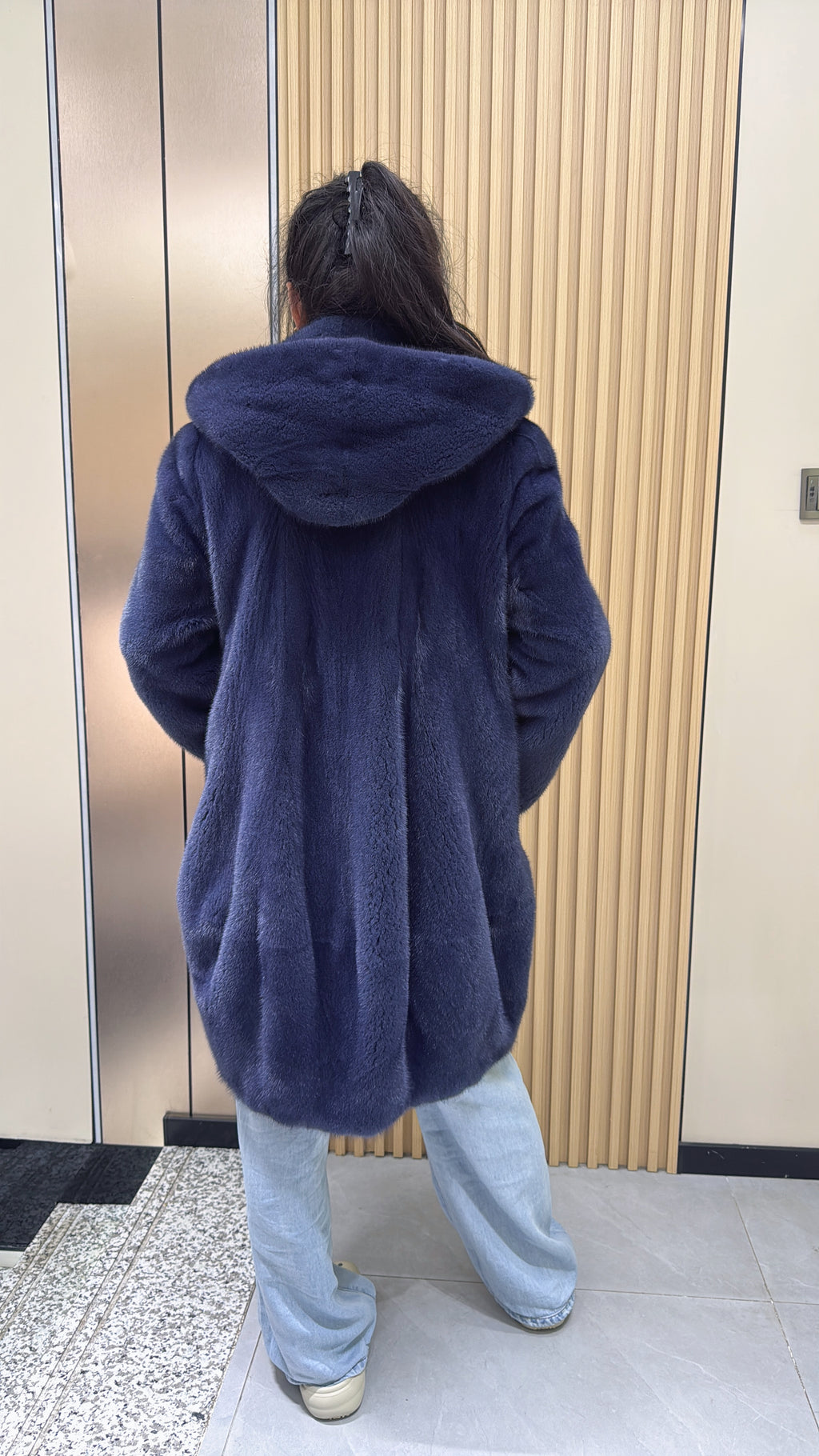 No. 007 Long, hooded dark blue velvet-finish mink coat