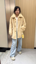 No. 009 Beige velvet-finish mink coat featuring a lapel collar, horizontal pocket flaps, and vintage-style button detailing.