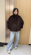 No. 012 Dark brown velvet-finish mink coat featuring a stand-up collar and fitted cuffs.