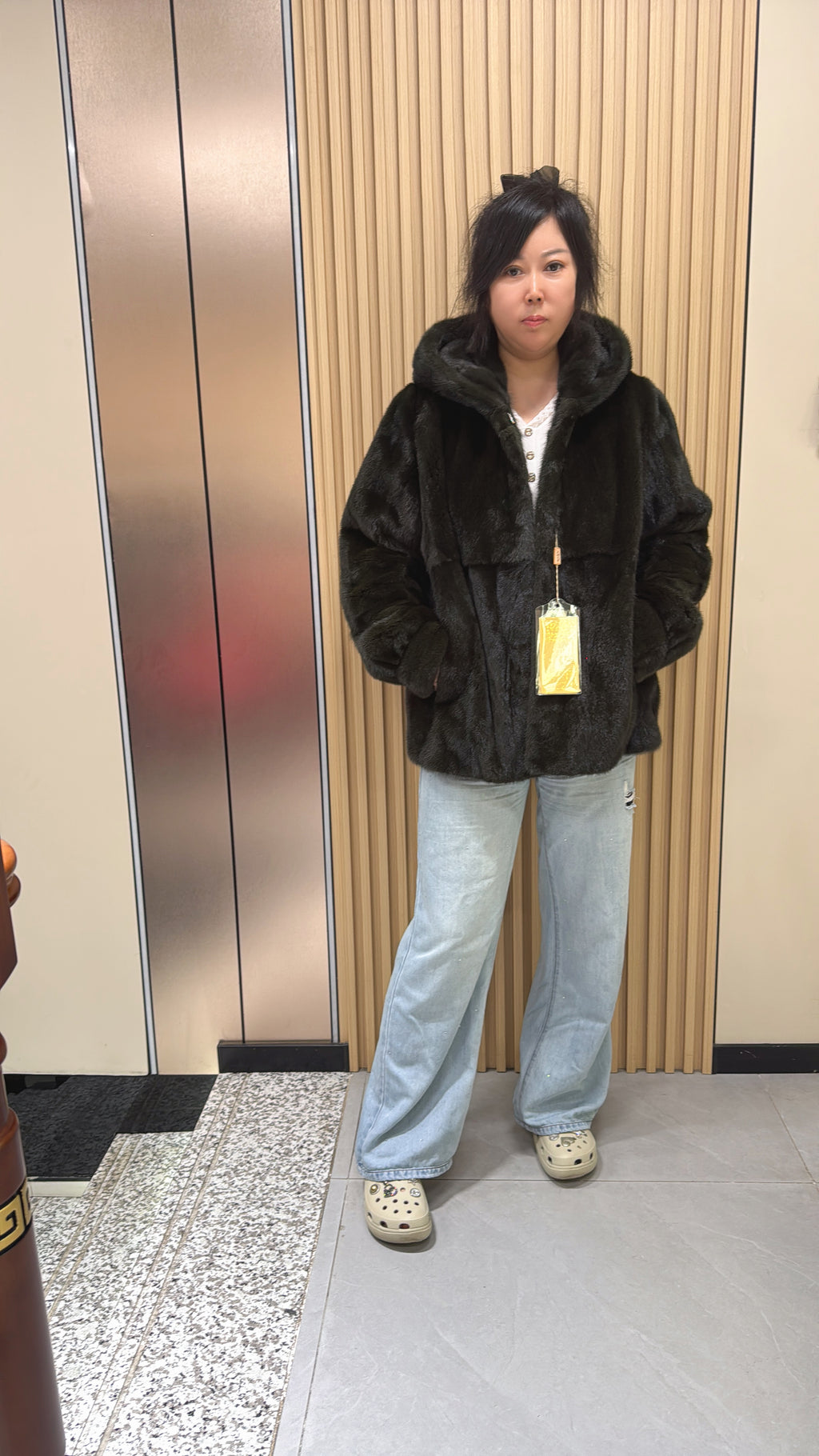 033 Dark Green Hooded Mink Fur Coat