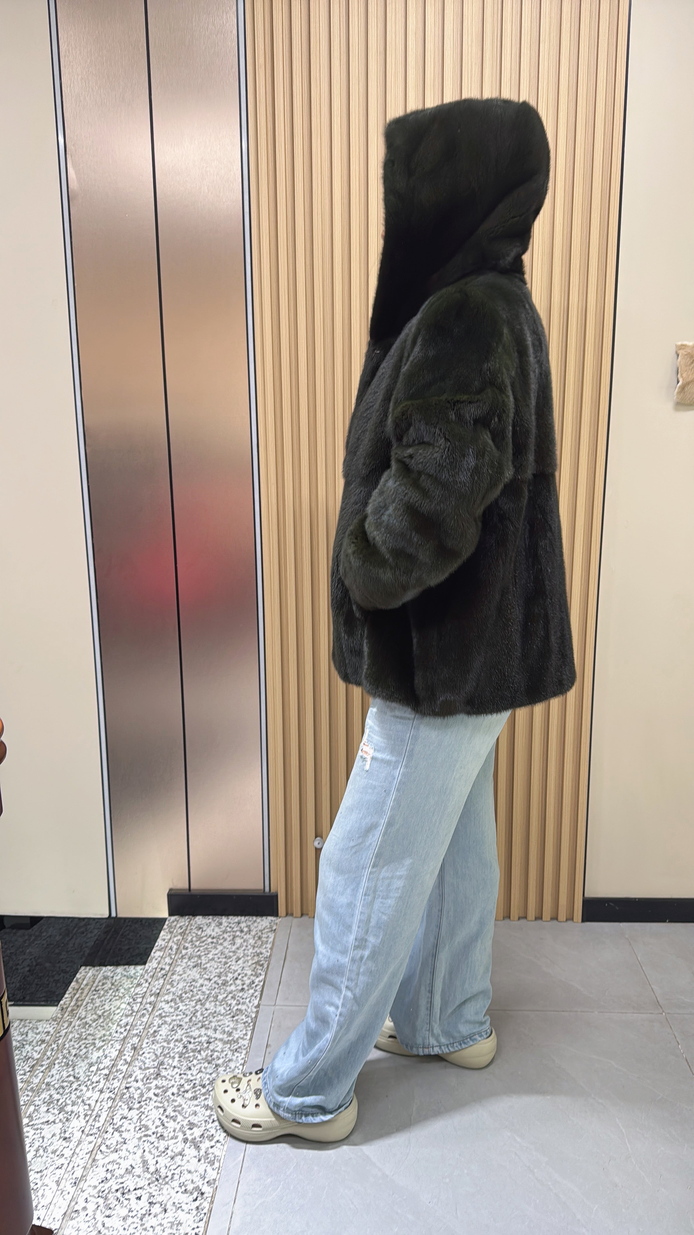 033 Dark Green Hooded Mink Fur Coat