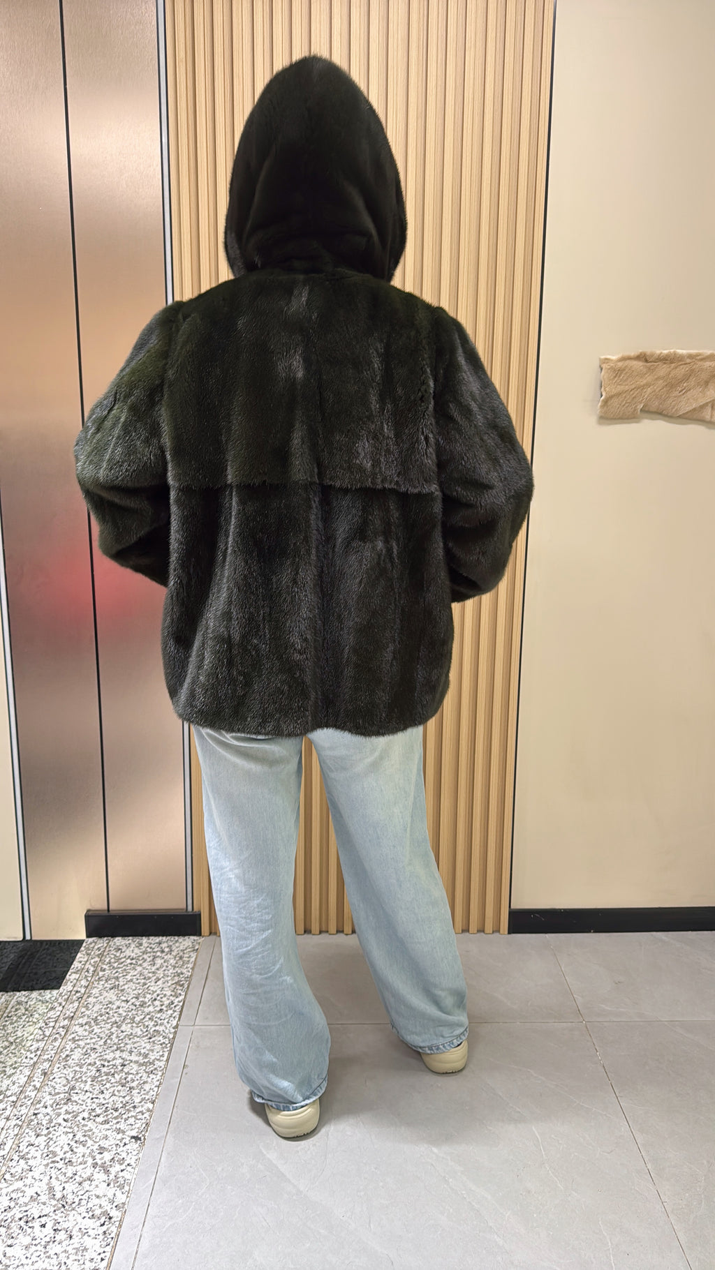 033 Dark Green Hooded Mink Fur Coat