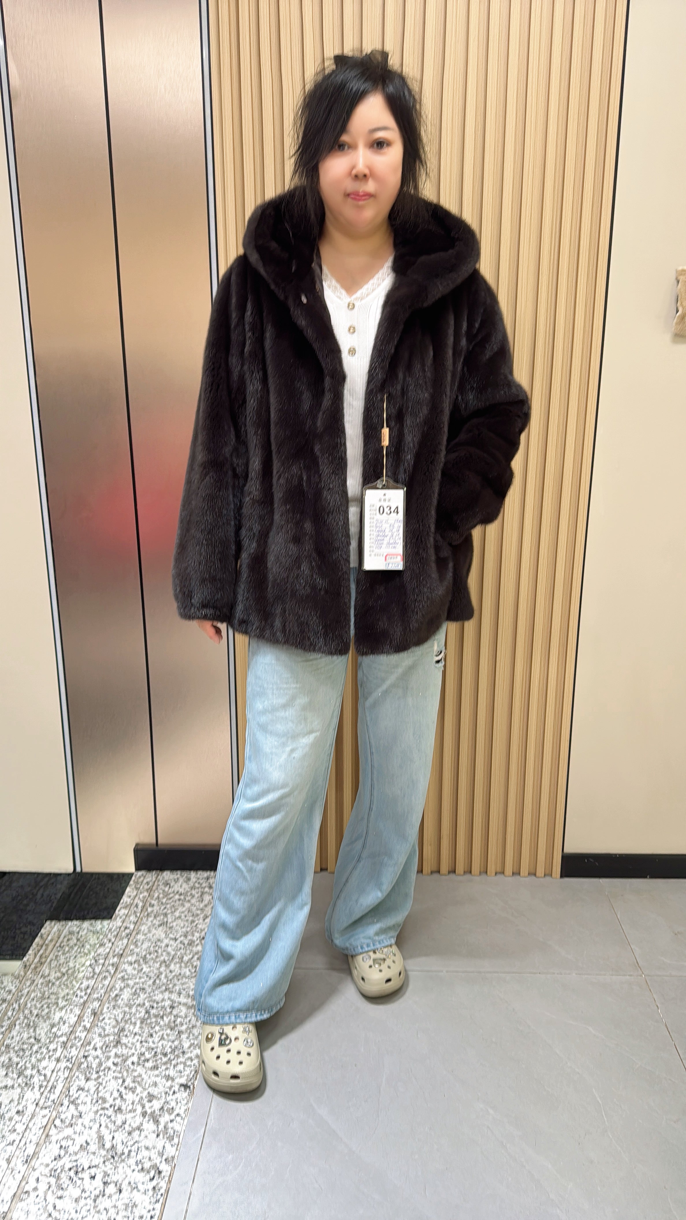 034 Brown Hooded Mink Fur Coat