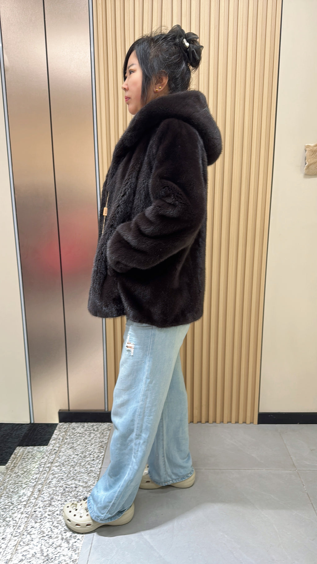 034 Brown Hooded Mink Fur Coat