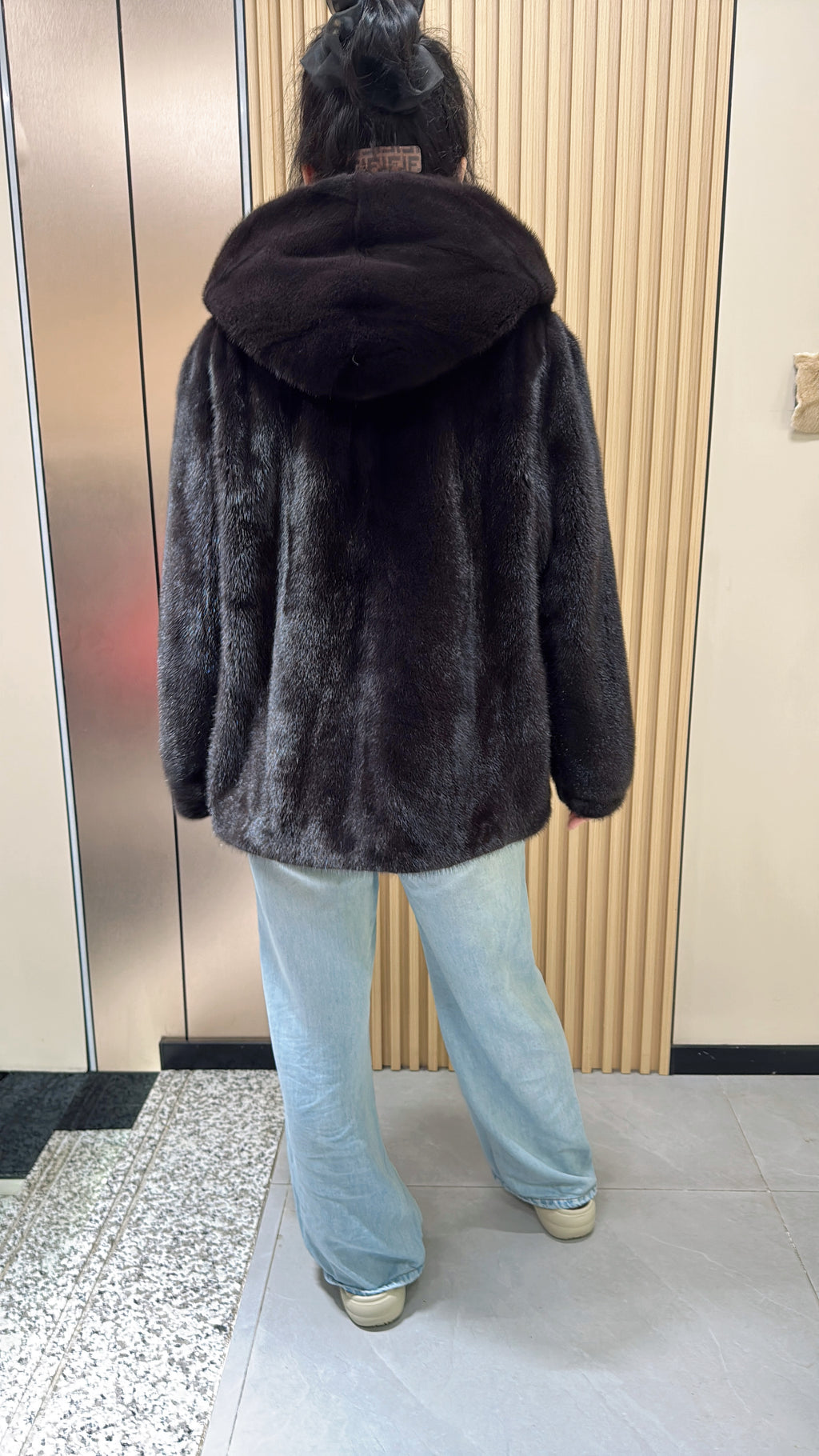 034 Brown Hooded Mink Fur Coat