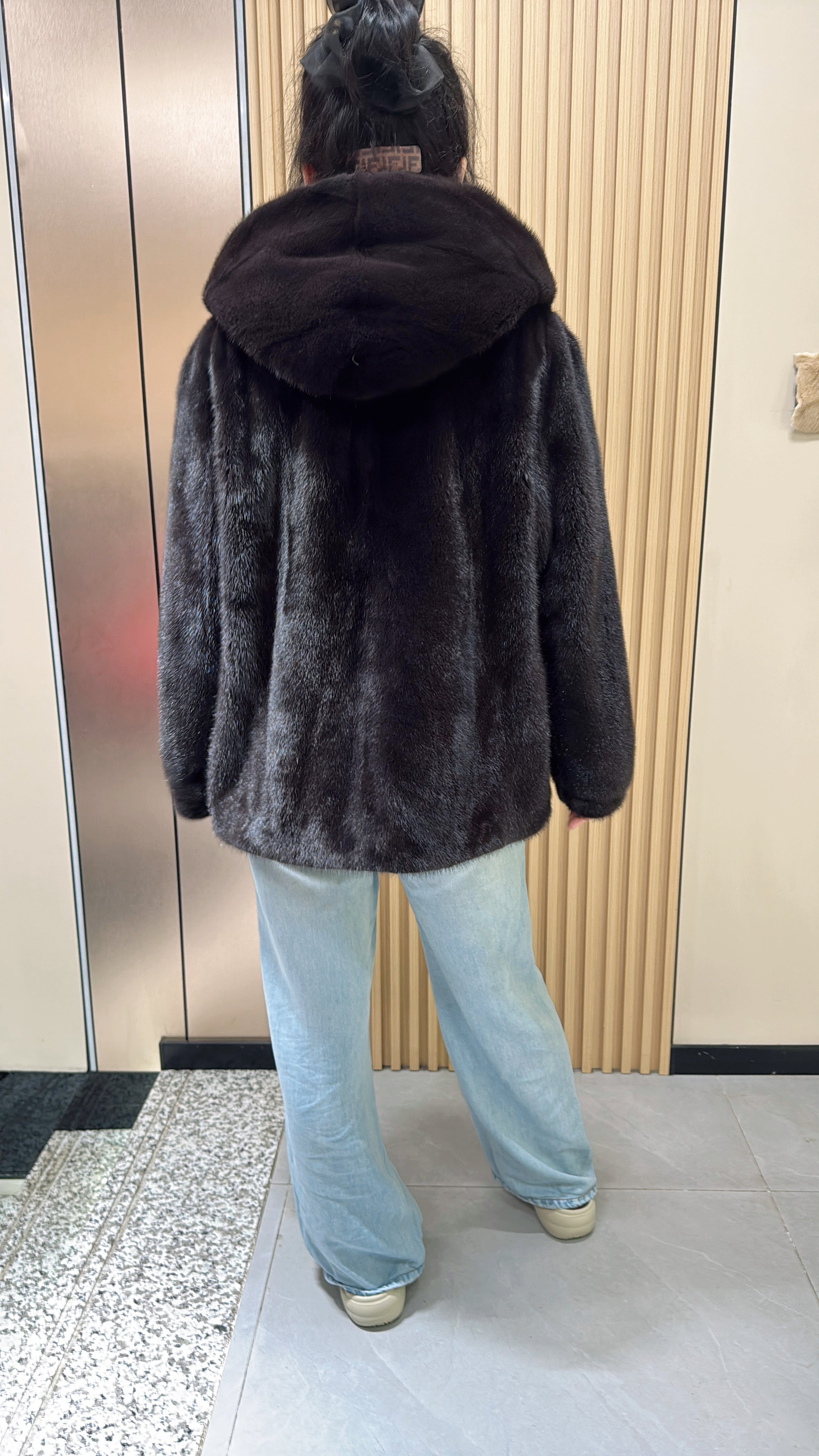034 Brown Hooded Mink Fur Coat