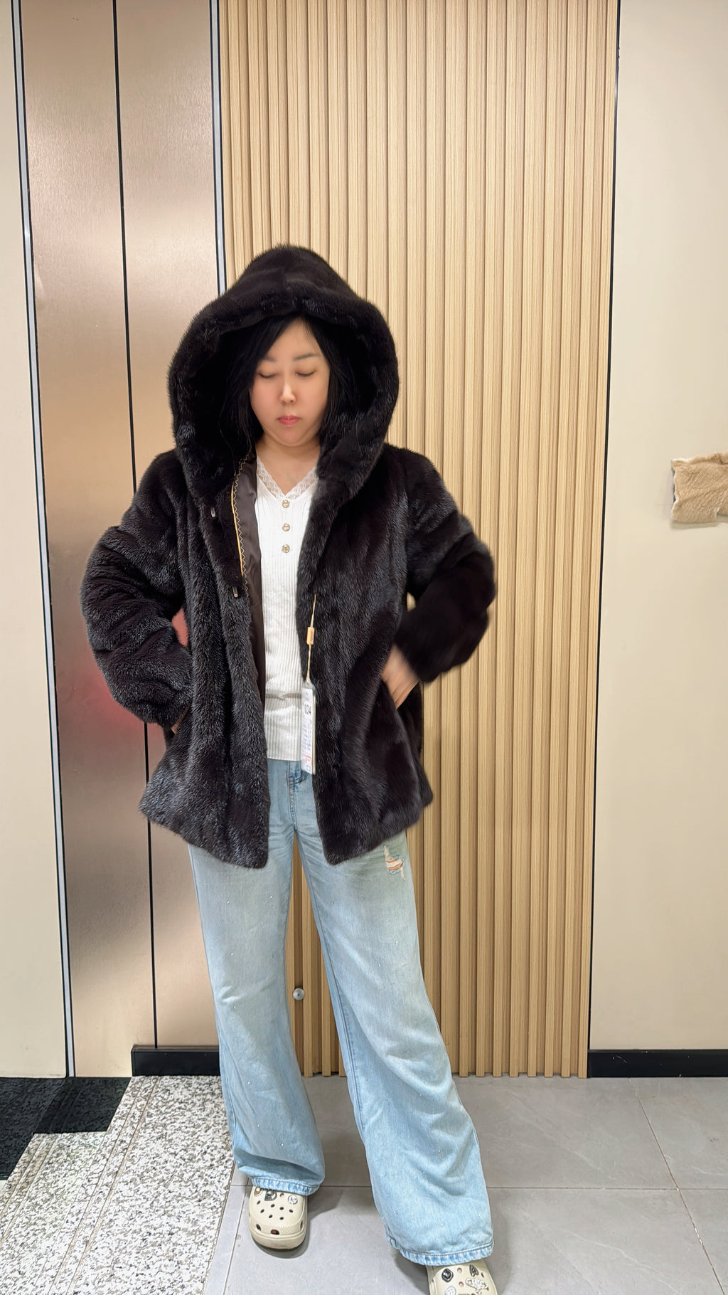 034 Brown Hooded Mink Fur Coat
