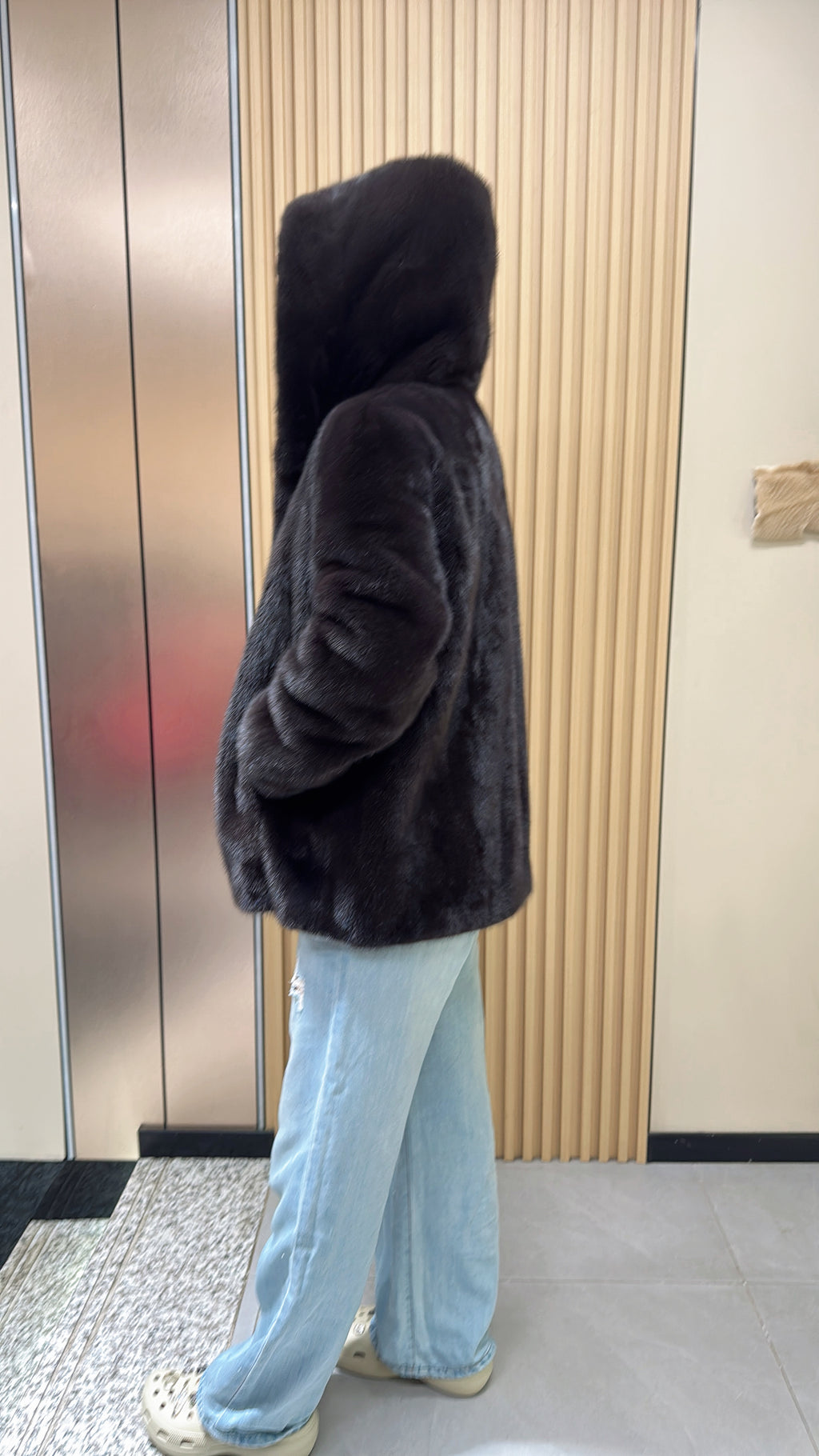 034 Brown Hooded Mink Fur Coat