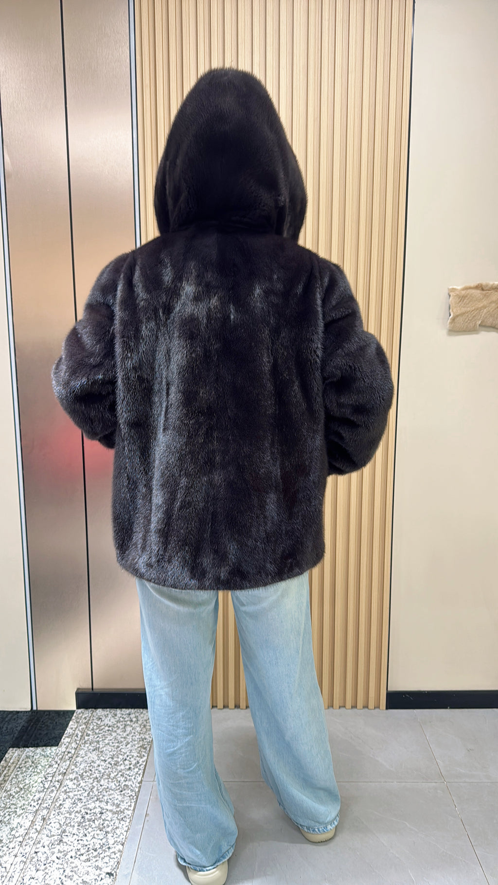 034 Brown Hooded Mink Fur Coat