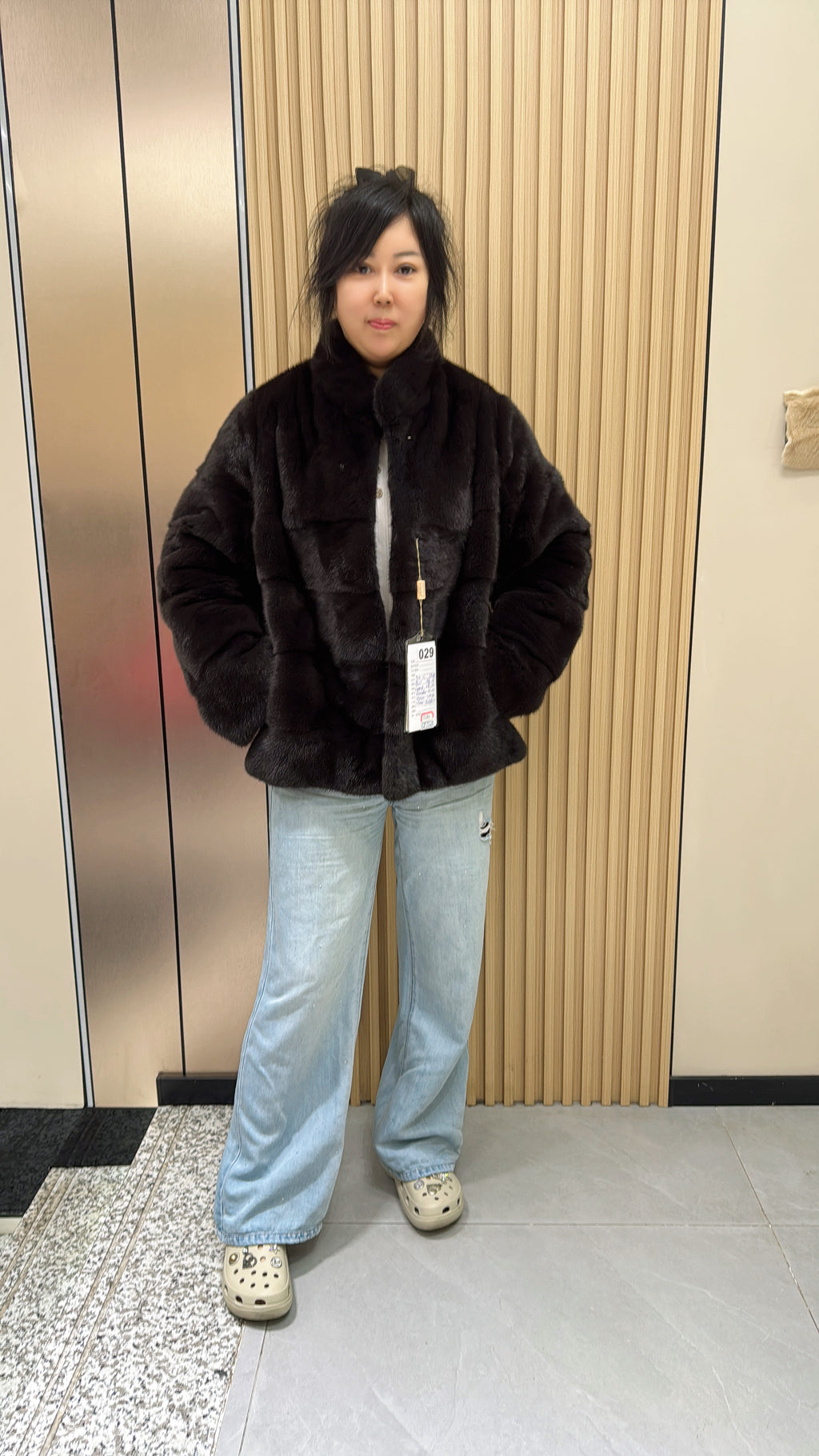 029 Brown stand-collar mink fur coat with a velvet-like texture, AB-style cut.