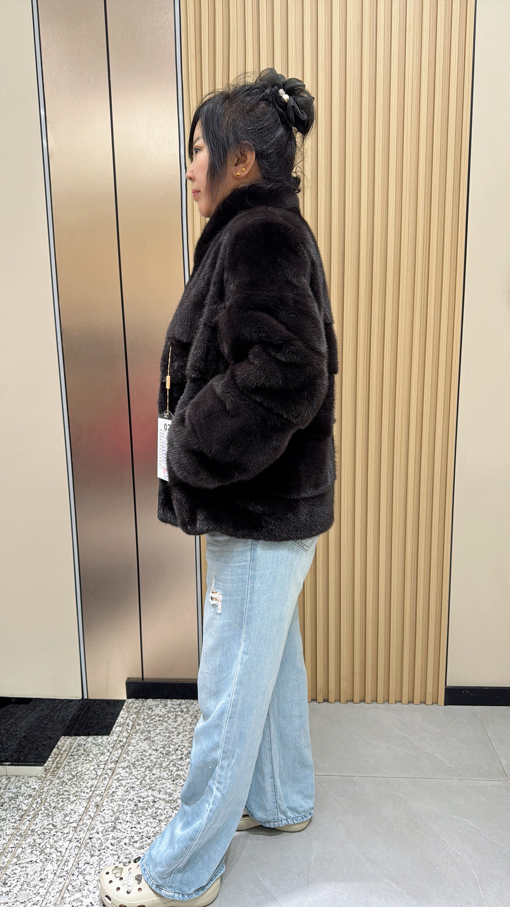 029 Brown stand-collar mink fur coat with a velvet-like texture, AB-style cut.