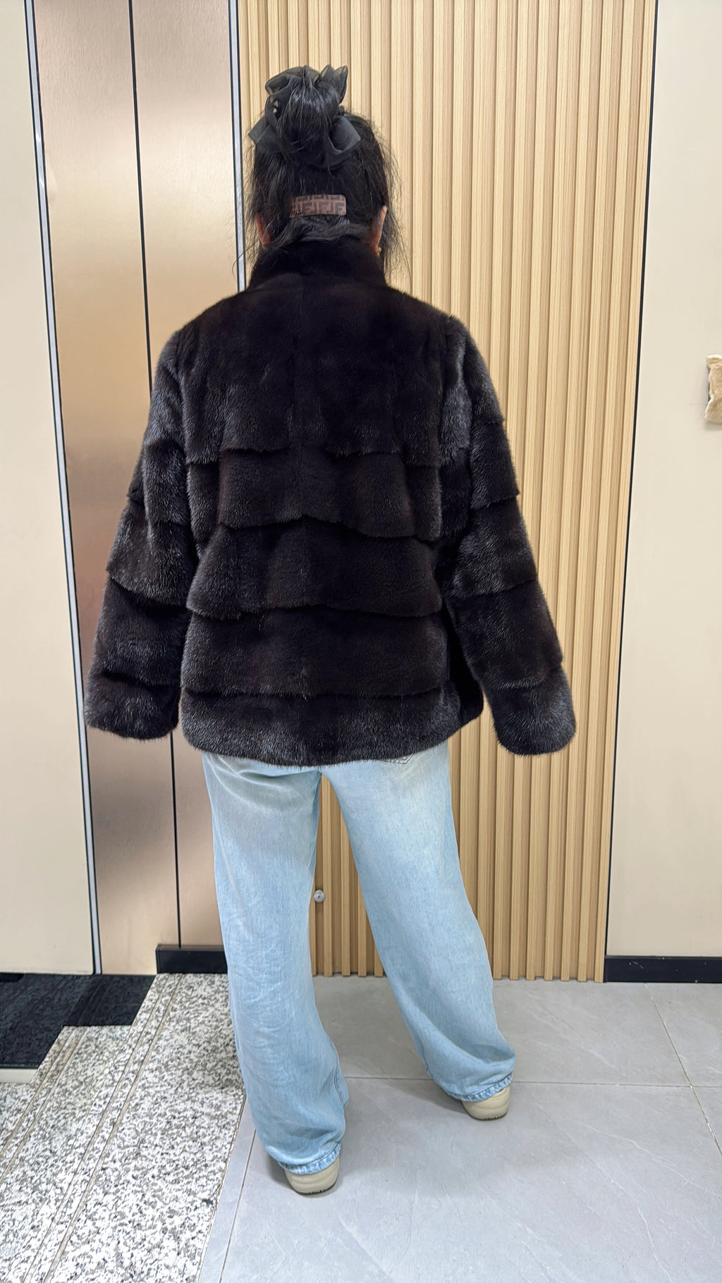 029 Brown stand-collar mink fur coat with a velvet-like texture, AB-style cut.