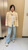 No. 017 Beige horizontal-pelt mink coat with a stand-up collar.