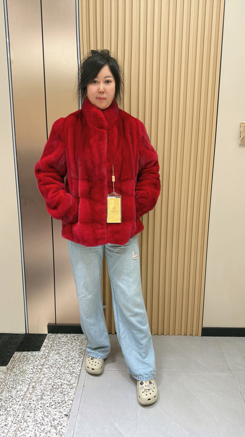 031 Dark Red Stand-Collar Mink Fur Coat (AB Fit)