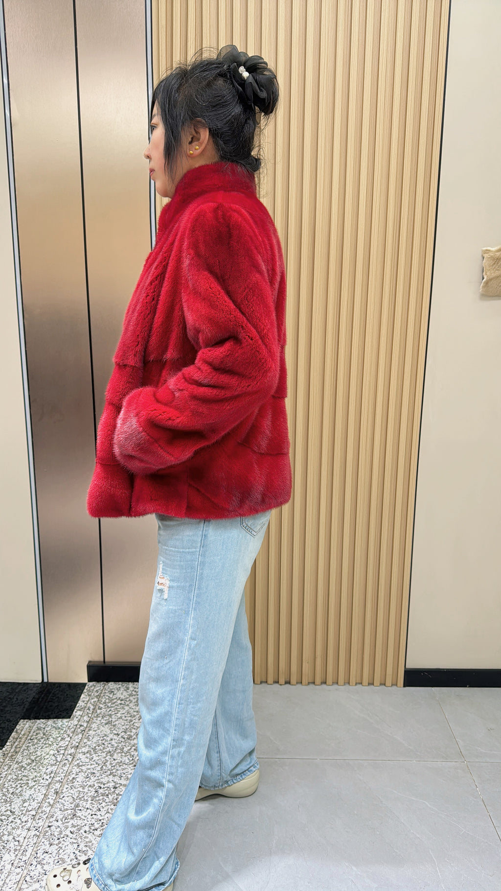 031 Dark Red Stand-Collar Mink Fur Coat (AB Fit)