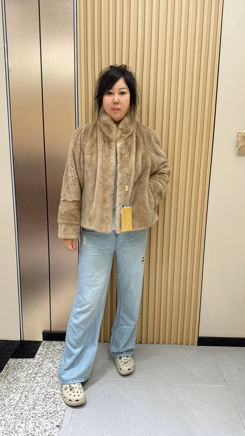 No. 026 Beige Stand-Collar Mink Fur Coat