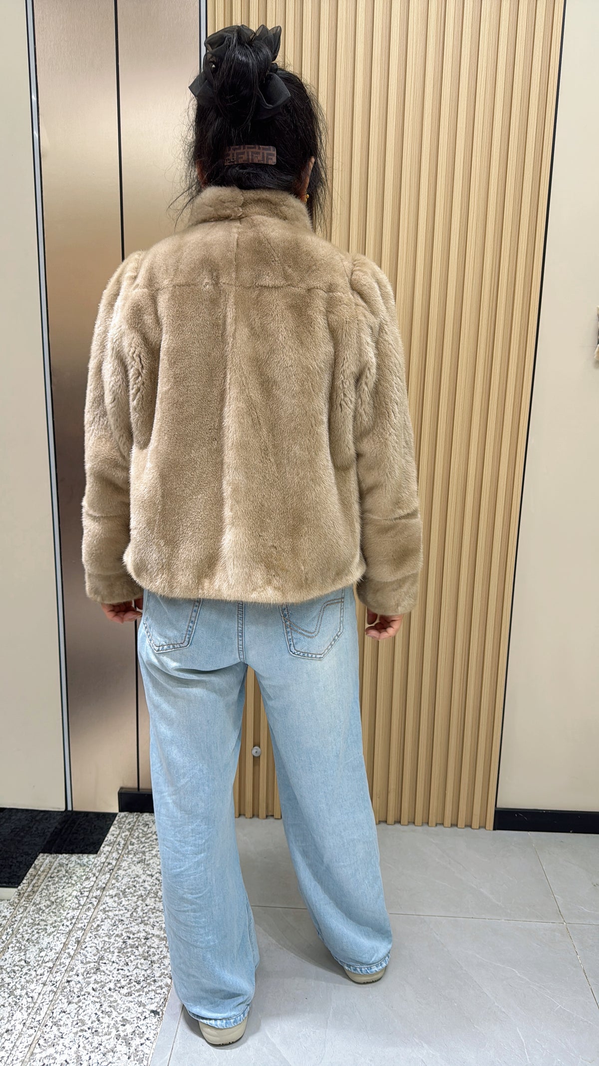 No. 026 Beige Stand-Collar Mink Fur Coat