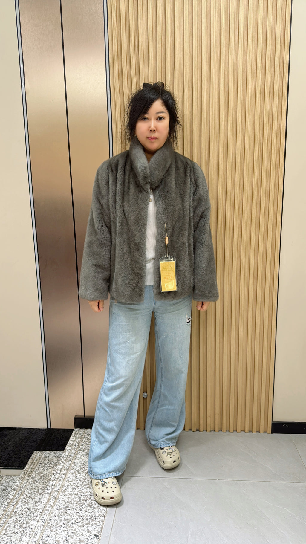 027 Grey Mink Fur Coat with Stand Collar