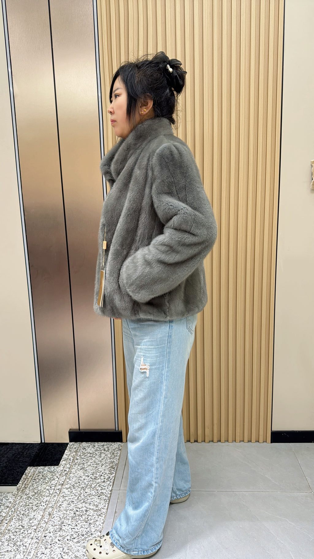 027 Grey Mink Fur Coat with Stand Collar