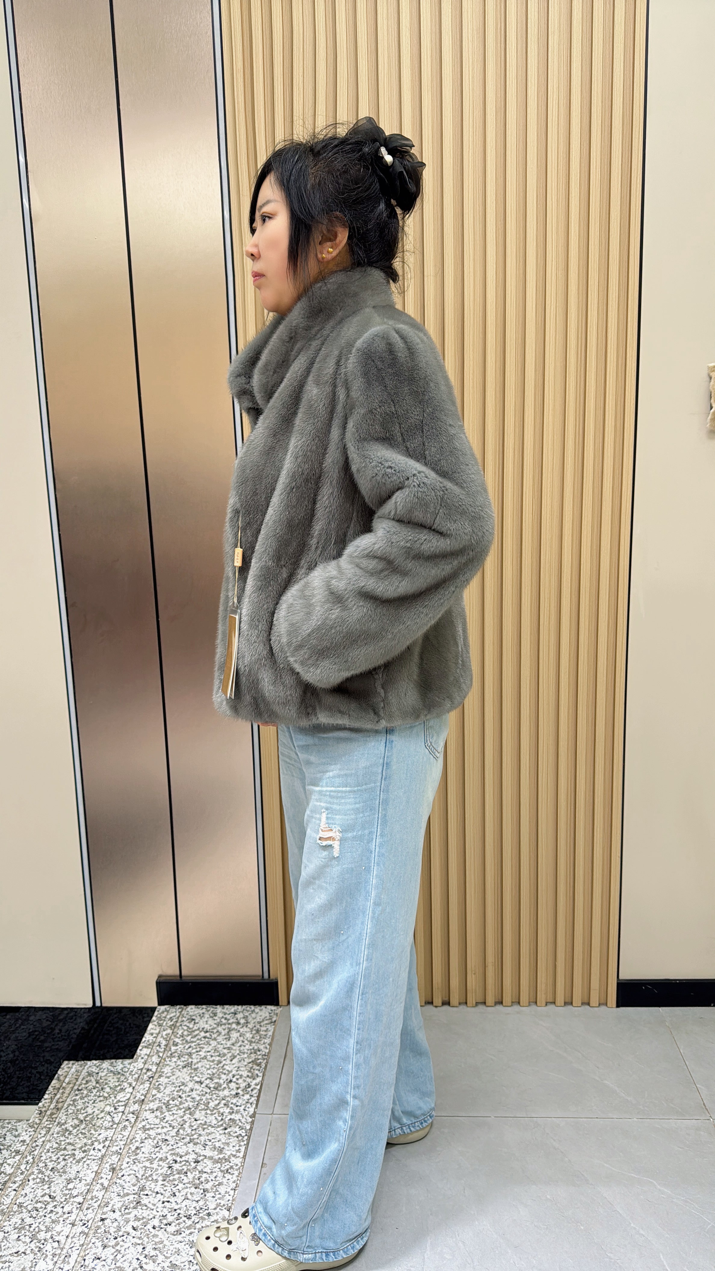 027 Grey Mink Fur Coat with Stand Collar